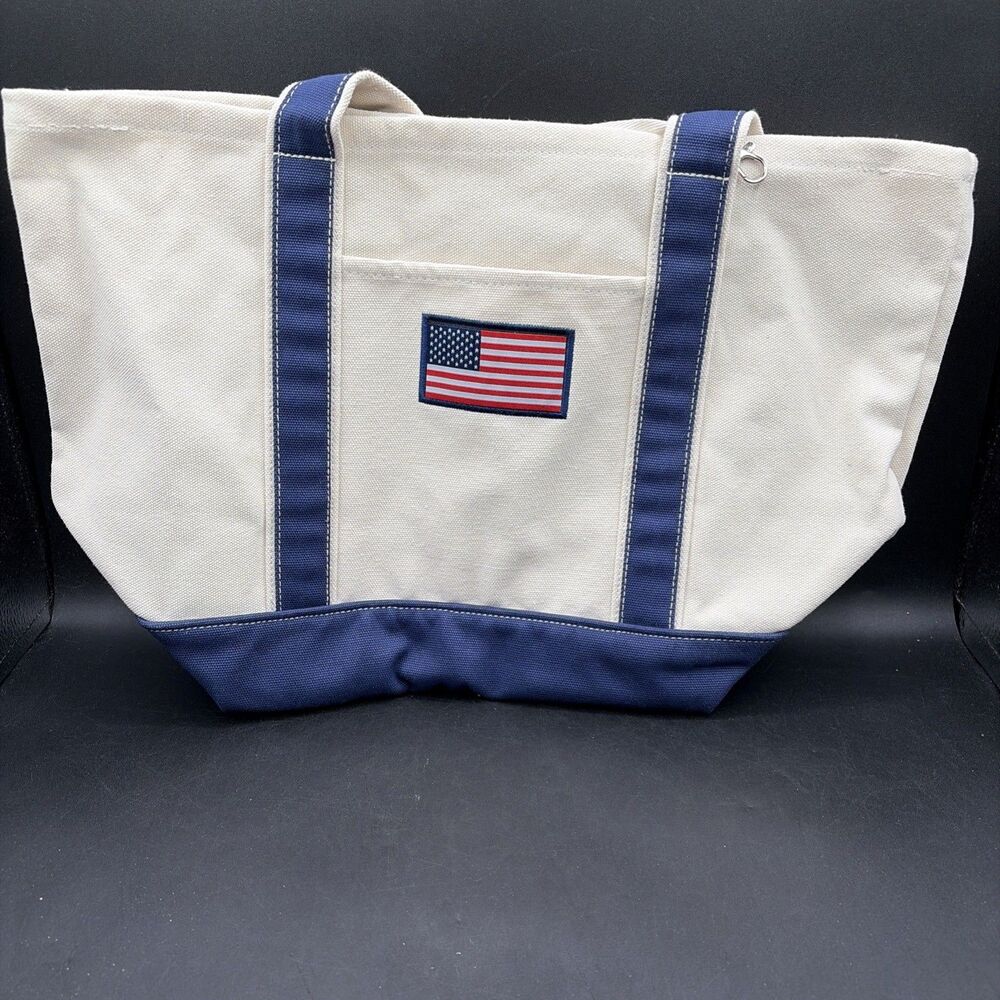Heavy Canvas Tote Bag, Large W/US Flag On Front Pocket Blue & Cream